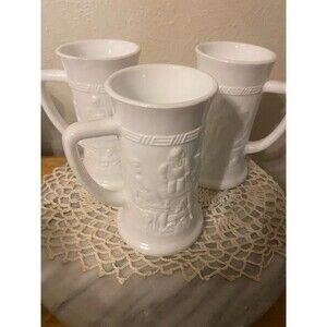 Set of 3 Vintage White Milk Glass Beer Steins